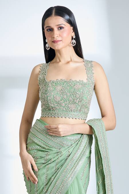 Buy Anushree Reddy Green Chiffon Sequins, Cut Work, Embroidery Square Pre-draped Saree With Blouse Buy_Anushree Reddy_Green Chiffon Sequins, Cut Work, Embroidery Square Pre-draped Saree With Blouse