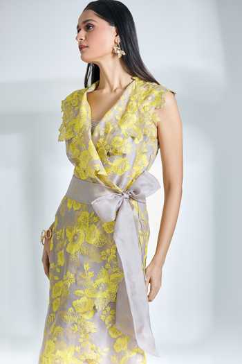 Buy_Anushree Reddy_Ivory Organza Embroidered Floral Dress Exaggerated Lapel Cyra Wrap Blazer _Online_at_Aza_Fashions