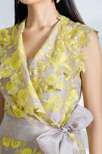 Shop_Anushree Reddy_Ivory Organza Embroidered Floral Dress Exaggerated Lapel Cyra Wrap Blazer _Online_at_Aza_Fashions