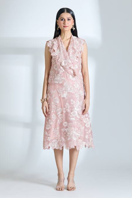 Anushree Reddy_Pink Organza Embroidered Floral Dress Exaggerated Lapel Cyra Wrap Blazer_Online_at_Aza_Fashions