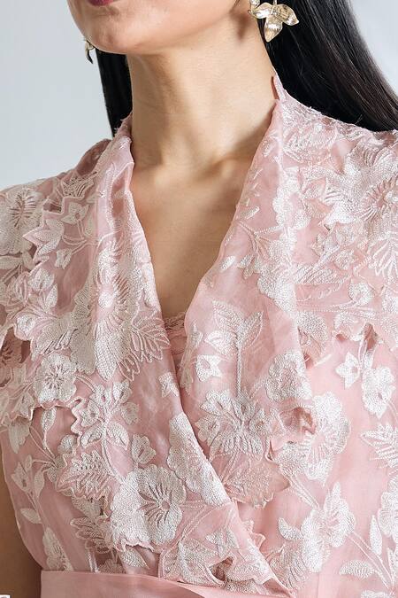 Buy_Anushree Reddy_Pink Organza Embroidered Floral Dress Exaggerated Lapel Cyra Wrap Blazer_Online_at_Aza_Fashions