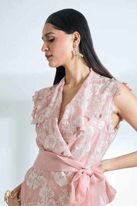 Anushree Reddy_Pink Organza Embroidered Floral Dress Exaggerated Lapel Cyra Wrap Blazer_at_Aza_Fashions