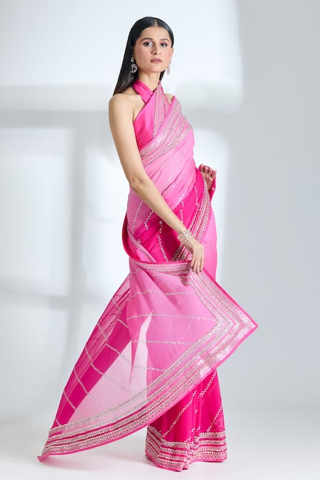 Shop Anushree Reddy Pink Chiffon Sequins Lined Saree With Unstitched Blouse Piece Online at Aza Fashions Shop_Anushree Reddy_Pink Chiffon Sequins Lined Saree With Unstitched Blouse Piece _Online_at_Aza_Fashions