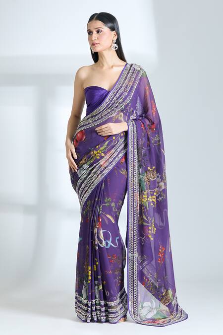 Anushree Reddy_Purple Chiffon Sequins, Floral Print Saree With Unstitched Blouse Piece _Online_at_Aza_Fashions
