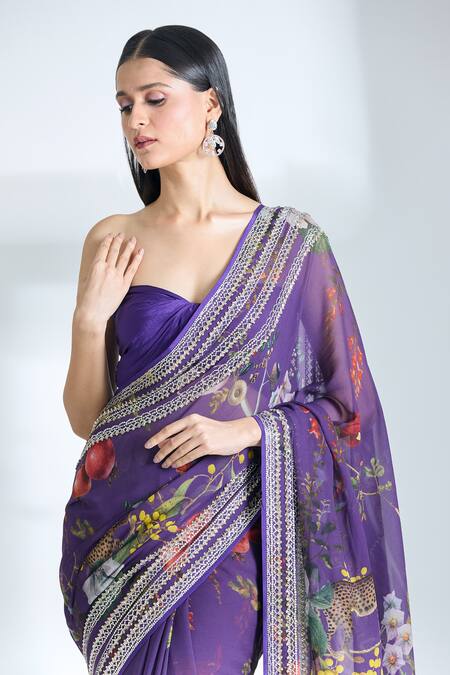 Buy_Anushree Reddy_Purple Chiffon Sequins, Floral Print Saree With Unstitched Blouse Piece _Online_at_Aza_Fashions