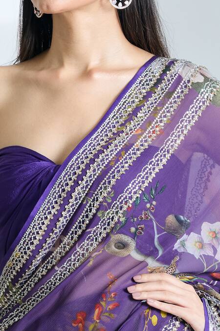 Shop_Anushree Reddy_Purple Chiffon Sequins, Floral Print Saree With Unstitched Blouse Piece _Online_at_Aza_Fashions