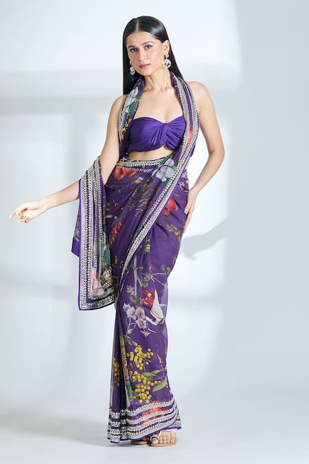 Anushree Reddy_Purple Chiffon Sequins, Floral Print Saree With Unstitched Blouse Piece _at_Aza_Fashions