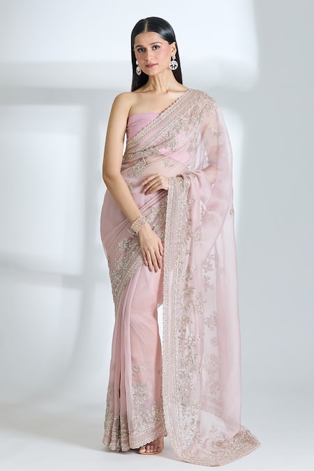 Anushree Reddy Pink Organza Embroidered Floral Thithli Saree With Unstitched Blouse Piece 