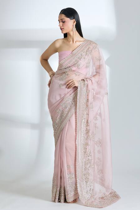Anushree Reddy_Pink Organza Embroidery Thithli Saree With Unstitched Blouse Piece _Online_at_Aza_Fashions