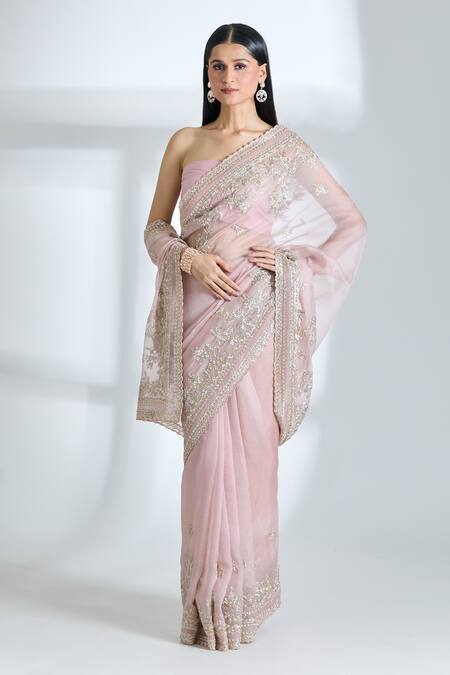 Buy_Anushree Reddy_Pink Organza Embroidery Thithli Saree With Unstitched Blouse Piece _Online_at_Aza_Fashions