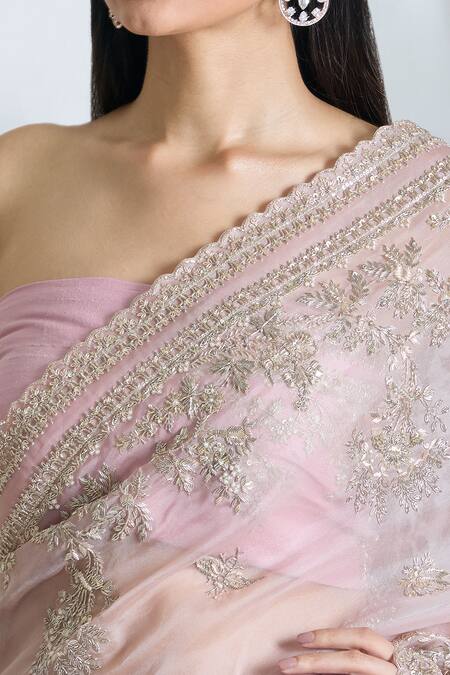 Shop_Anushree Reddy_Pink Organza Embroidery Thithli Saree With Unstitched Blouse Piece _Online_at_Aza_Fashions