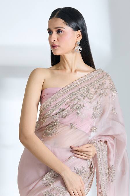 Anushree Reddy_Pink Organza Embroidery Thithli Saree With Unstitched Blouse Piece _at_Aza_Fashions