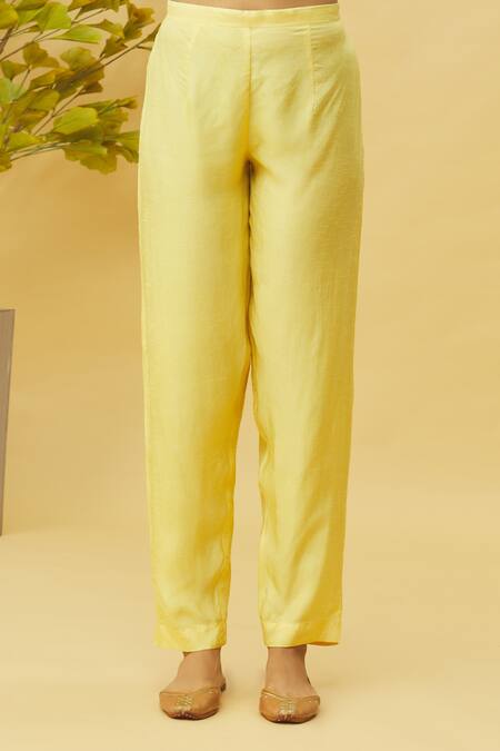 Samyukta Singhania_Yellow Chiffon, Denim Embroidery, Zari, Sequins Draped Shaded Top With Pant_Online_at_Aza_Fashions