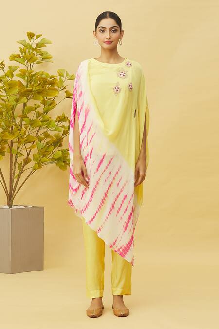Buy_Samyukta Singhania_Yellow Chiffon, Denim Embroidery, Zari, Sequins Draped Shaded Top With Pant_Online_at_Aza_Fashions