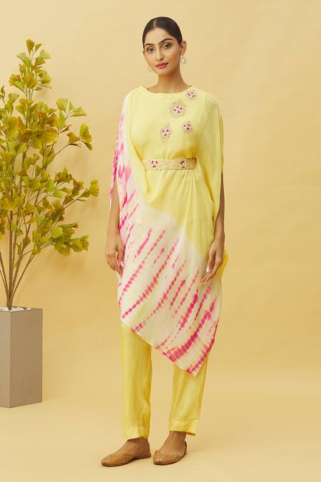 Shop_Samyukta Singhania_Yellow Chiffon, Denim Embroidery, Zari, Sequins Draped Shaded Top With Pant_Online_at_Aza_Fashions
