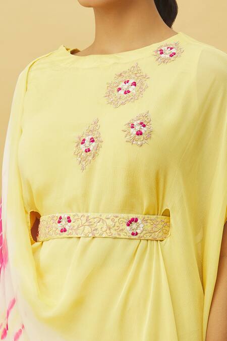 Samyukta Singhania_Yellow Chiffon, Denim Embroidery, Zari, Sequins Draped Shaded Top With Pant_at_Aza_Fashions