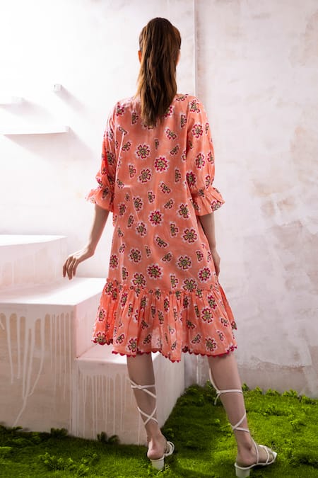Shop_The White Tree Studio_Pink Organic Cotton Voile Block Printed Floral Mandarin Collar Sofi Dress _at_Aza_Fashions