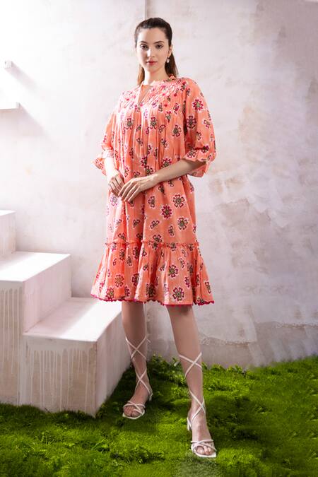 Buy_The White Tree Studio_Pink Organic Cotton Voile Block Printed Floral Mandarin Collar Sofi Dress _Online_at_Aza_Fashions