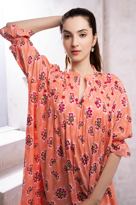 Shop_The White Tree Studio_Pink Organic Cotton Voile Block Printed Floral Mandarin Collar Sofi Dress _Online_at_Aza_Fashions
