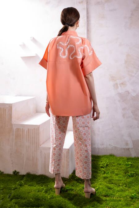 Shop_The White Tree Studio_Pink Top Organic Cotton Poplin Printed Amani Plain And Bloomorama Pant Set _at_Aza_Fashions