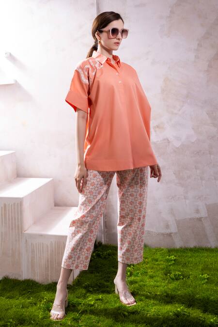 The White Tree Studio_Pink Top Organic Cotton Poplin Printed Amani Plain And Bloomorama Pant Set _Online_at_Aza_Fashions