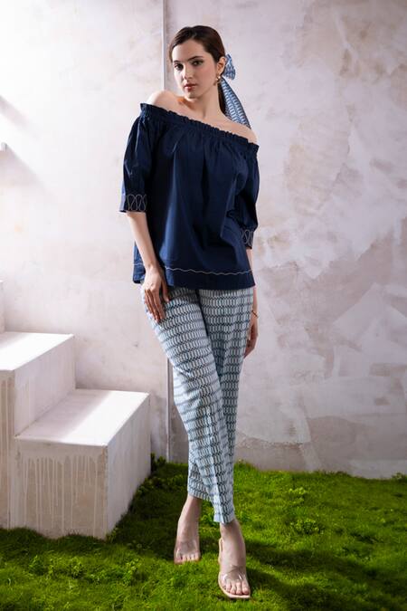 The White Tree Studio_Blue Top Organic Cotton Poplin Niya Off Shoulder And Petal Pop Print Pant Set _Online_at_Aza_Fashions