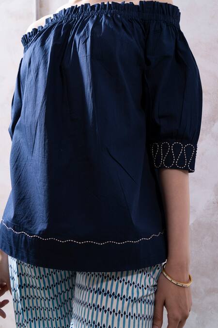 Buy_The White Tree Studio_Blue Top Organic Cotton Poplin Niya Off Shoulder And Petal Pop Print Pant Set _Online_at_Aza_Fashions