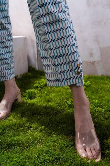 Shop_The White Tree Studio_Blue Top Organic Cotton Poplin Niya Off Shoulder And Petal Pop Print Pant Set _Online_at_Aza_Fashions