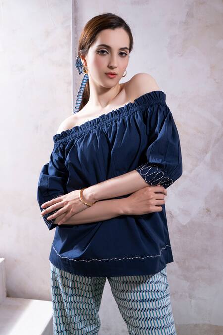 The White Tree Studio_Blue Top Organic Cotton Poplin Niya Off Shoulder And Petal Pop Print Pant Set _at_Aza_Fashions