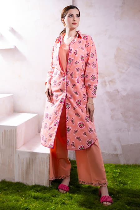 The White Tree Studio Pink Organic Cotton Poplin Printed Bloomorama Collar Tamaa Jacket Set 