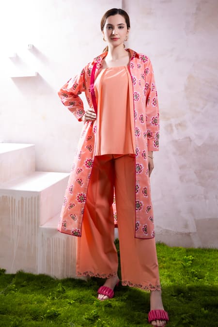 Shop_The White Tree Studio_Pink Cotton Embroidery, Fabric Flowers Round Tamaa Bloomorama Print Jacket Set _at_Aza_Fashions