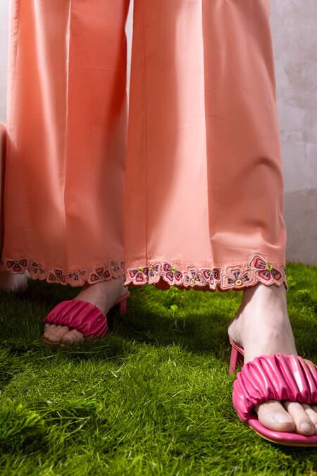 Shop_The White Tree Studio_Pink Cotton Embroidery Square Tamaa 3d Floral Applique Top And Flared Pant Set _Online_at_Aza_Fashions