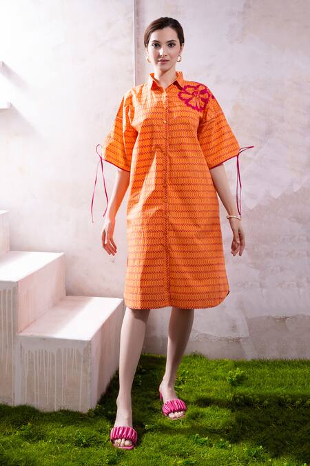The White Tree Studio Orange Cotton Embroidery, Patchwork Collared Furaha Petal Pop Print Shirt Dress Online at Aza Fashions The White Tree Studio_Orange Cotton Embroidery, Patchwork Collared Furaha Petal Pop Print Shirt Dress _Online_at_Aza_Fashions