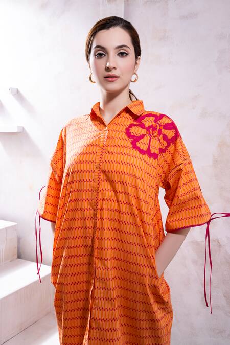 Shop The White Tree Studio Orange Cotton Embroidery, Patchwork Collared Furaha Petal Pop Print Shirt Dress Online at Aza Fashions Shop_The White Tree Studio_Orange Cotton Embroidery, Patchwork Collared Furaha Petal Pop Print Shirt Dress _Online_at_Aza_Fashions