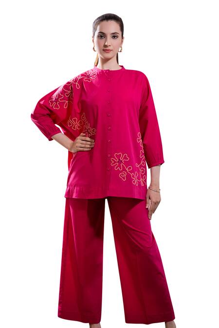 The White Tree Studio_Magenta Organic Cotton Poplin Embroidery Raysa Floral Top And Flared Pant Set _Online_at_Aza_Fashions