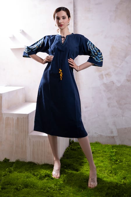 The White Tree Studio_Blue Cotton, Poplin Applique Mandarin Collar Noor Abstract Work A-line Dress _Online_at_Aza_Fashions
