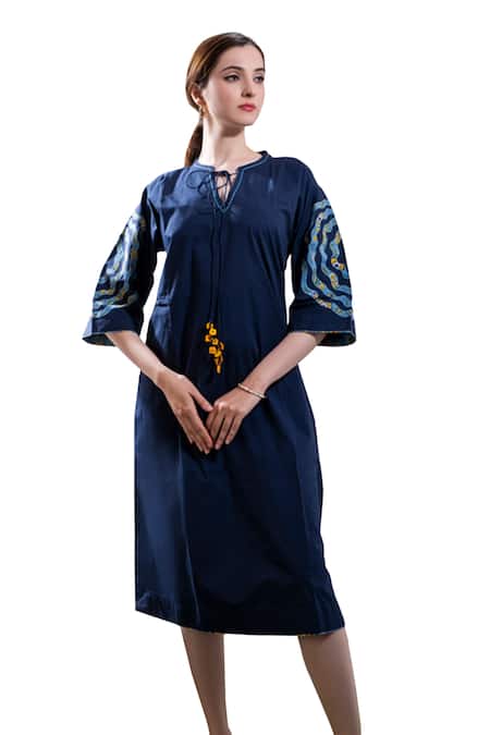 Buy The White Tree Studio Blue Cotton, Poplin Applique Mandarin Collar Noor Abstract Work A-line Dress Online at Aza Fashions Buy_The White Tree Studio_Blue Cotton, Poplin Applique Mandarin Collar Noor Abstract Work A-line Dress _Online_at_Aza_Fashions