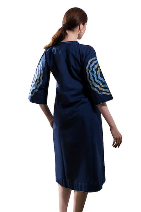 Shop The White Tree Studio Blue Cotton, Poplin Applique Mandarin Collar Noor Abstract Work A-line Dress Online at Aza Fashions Shop_The White Tree Studio_Blue Cotton, Poplin Applique Mandarin Collar Noor Abstract Work A-line Dress _Online_at_Aza_Fashions