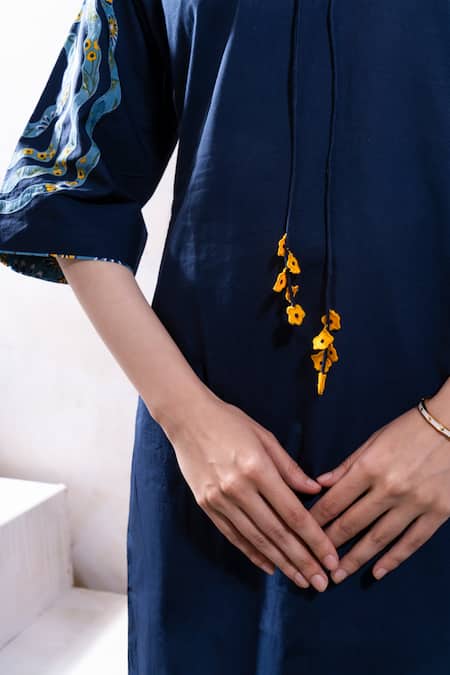 The White Tree Studio_Blue Cotton, Poplin Applique Mandarin Collar Noor Abstract Work A-line Dress _at_Aza_Fashions