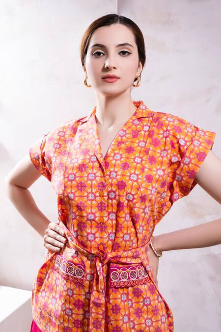 Shop_The White Tree Studio_Magenta Organic Cotton Poplin Printed Bloomorama Collar Raha Top And Shorts Set _Online_at_Aza_Fashions