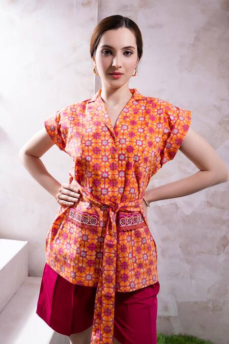 The White Tree Studio_Magenta Organic Cotton Poplin Printed Bloomorama Collar Raha Top And Shorts Set _at_Aza_Fashions
