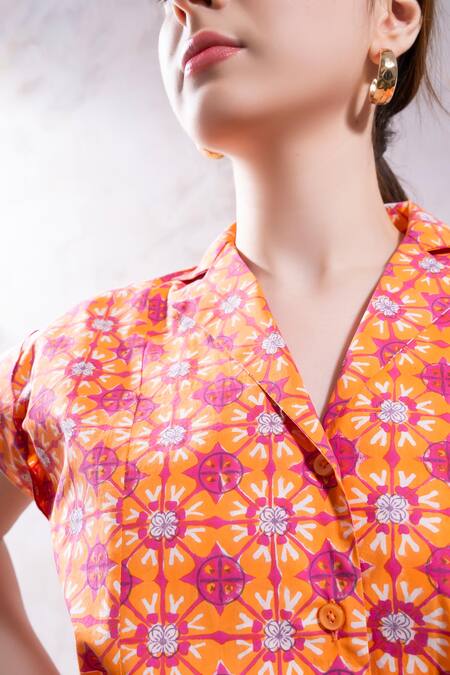 Shop_The White Tree Studio_Magenta Organic Cotton Poplin Printed Bloomorama Collar Raha Top And Shorts Set 