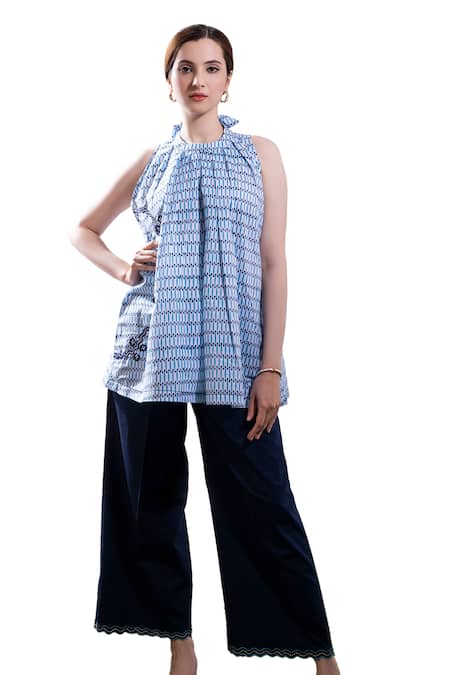 The White Tree Studio_Blue Top Organic Cotton Voile Printed Petal Pop Imara And Flared Pant Set _Online_at_Aza_Fashions