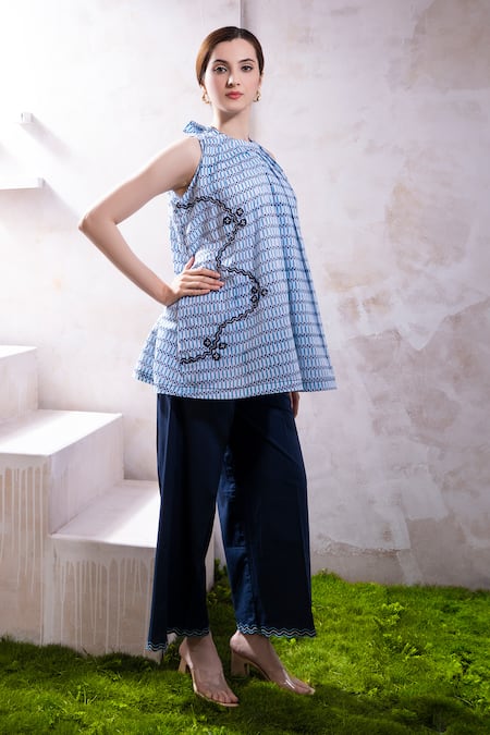 Buy_The White Tree Studio_Blue Top Organic Cotton Voile Printed Petal Pop Imara And Flared Pant Set _Online_at_Aza_Fashions