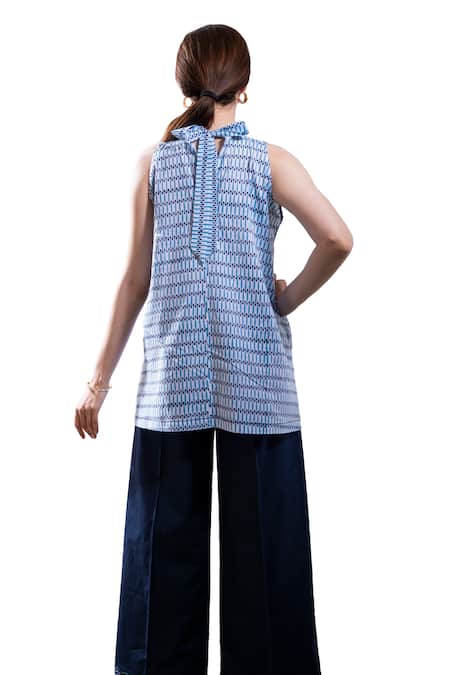 The White Tree Studio_Blue Top Organic Cotton Voile Printed Petal Pop Imara And Flared Pant Set _at_Aza_Fashions