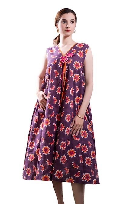 The White Tree Studio_Purple Cotton, Voile Embroidery Scoop Neck Nadia Posy Punch Print Dress _Online_at_Aza_Fashions