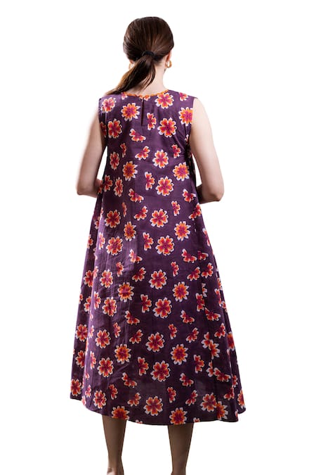 Shop_The White Tree Studio_Purple Cotton, Voile Embroidery Scoop Neck Nadia Posy Punch Print Dress _Online_at_Aza_Fashions