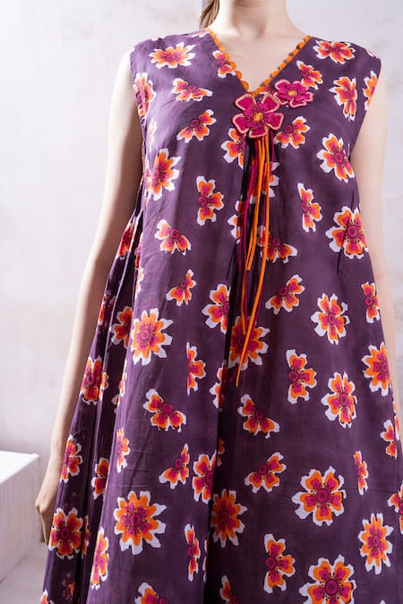 The White Tree Studio_Purple Cotton, Voile Embroidery Scoop Neck Nadia Posy Punch Print Dress _at_Aza_Fashions