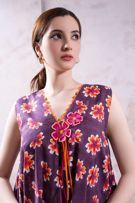 Buy_The White Tree Studio_Purple Cotton, Voile Embroidery Scoop Neck Nadia Posy Punch Print Dress 