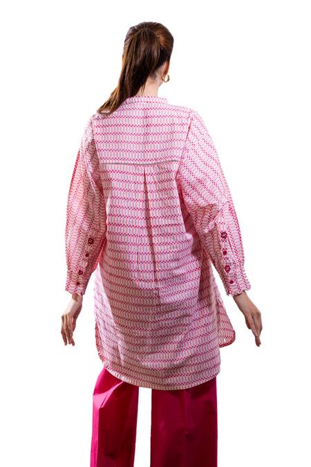 Shop_The White Tree Studio_Magenta Cotton Collared Azura Printed Tunic And Pant Set _Online_at_Aza_Fashions